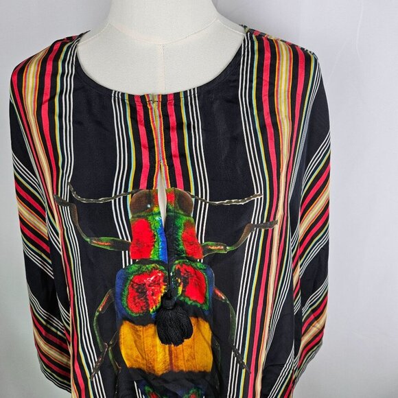 Figue Free Size Silk Colorful Striped Tunic Beetle Print Designer Luxury Artsy - Picture 2 of 10